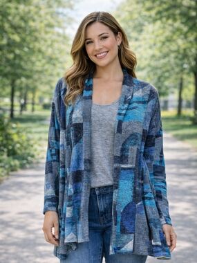 Southern Lady Blue Geometric Cardigan 1X Size 14 Cozy Open Front Knit